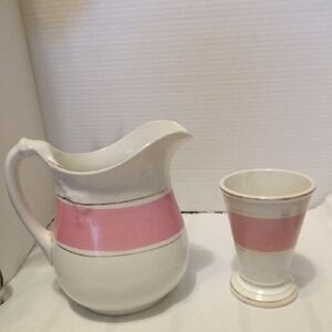Antique Ironstone Pitcher and Toothbrush Holder Set with Pink Banding